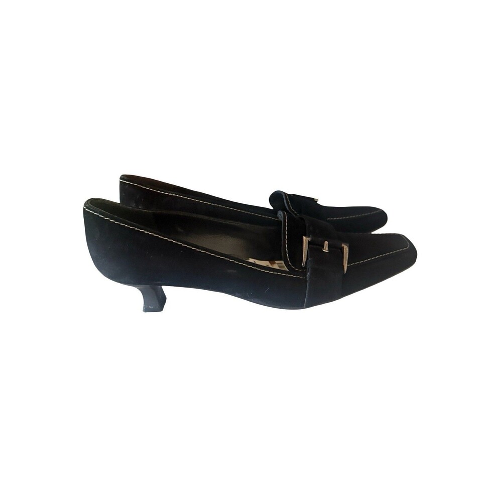 Stuart Weitzman Black Suede Buckle Kitten Loafer  Heels Pumps  Shoes Size 8.5 N